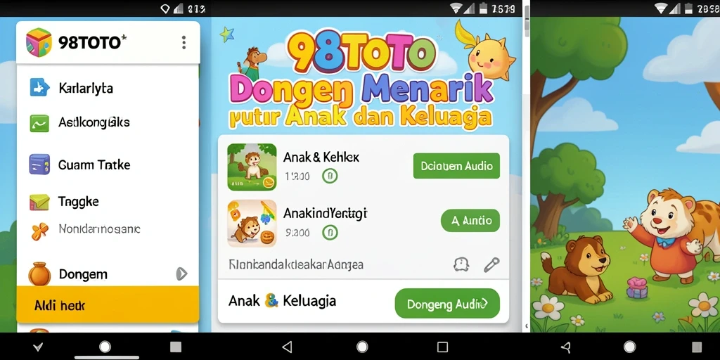 Antarmuka aplikasi 98TOTO menampilkan dongeng audio untuk anak-anak.