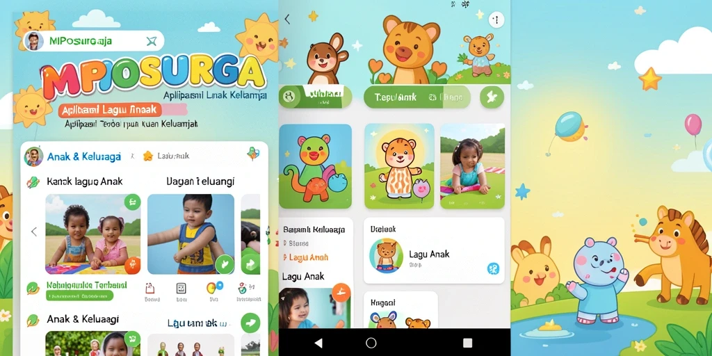 Antarmuka menarik dan warna-warni dari MPOSURGA dengan fitur lagu anak.