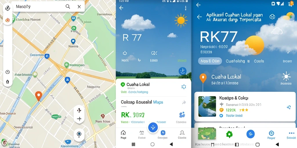 Tampilan antarmuka aplikasi RK77 yang menampilkan informasi cuaca lokal.